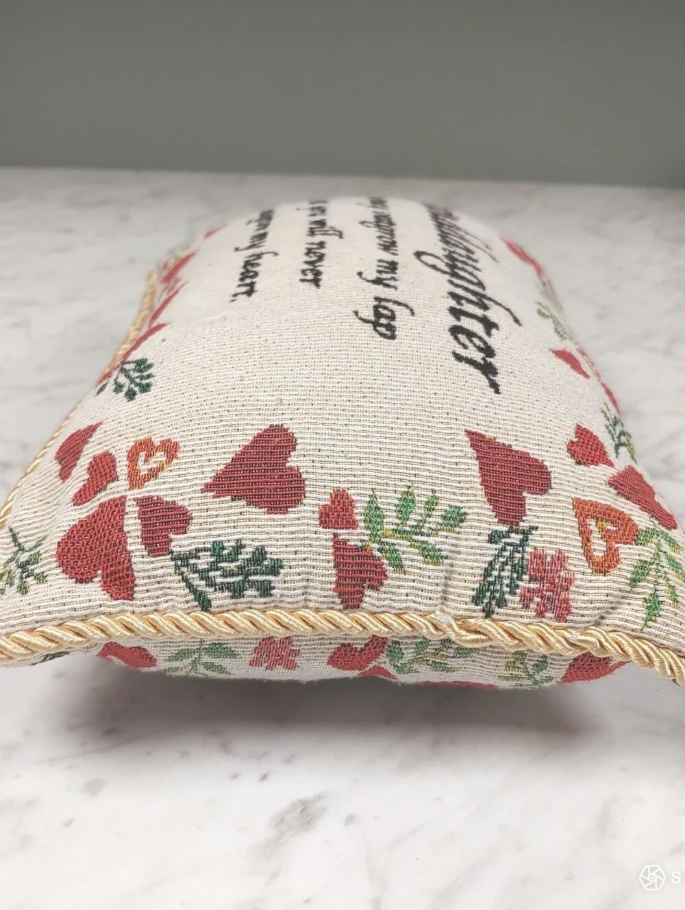 Vtg Granddaughter Tapestry Rectangle floral hearts cream red zip cottage pillow
